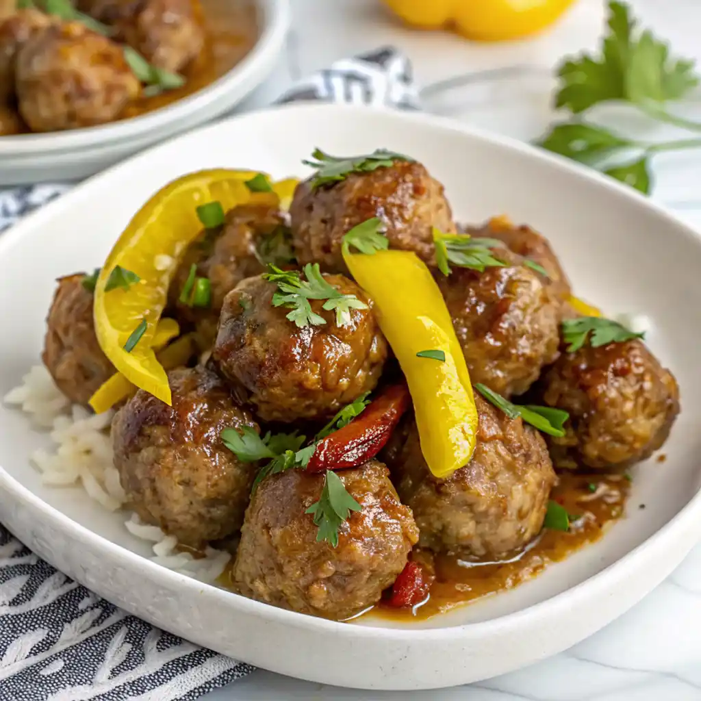 A bowl of Mississippi Meatballs with rice, garnished with peppers and parsley.