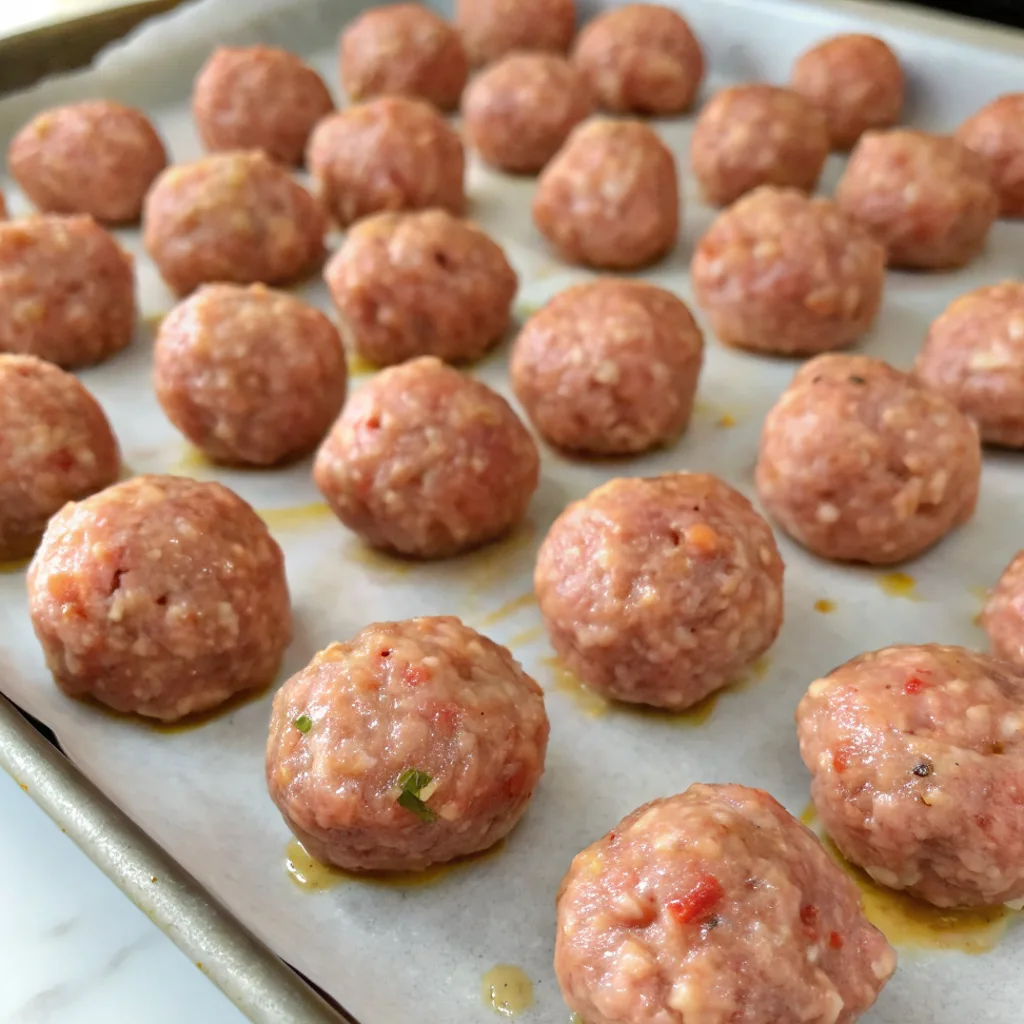 A baking sheet covered with parchment paper holds several dozen raw, unbaked Mississippi Meatballs, which appear seasoned and ready to be cooked.