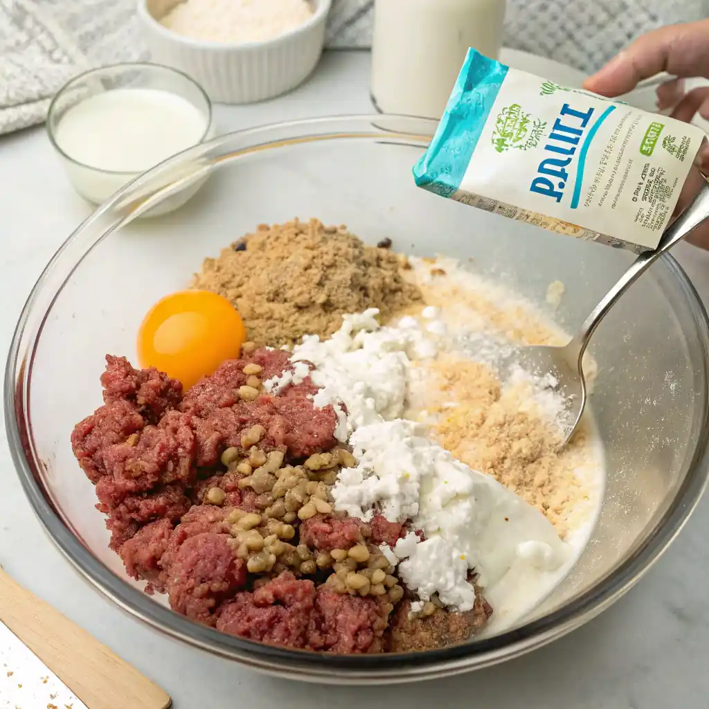 Hands mix ground beef, ranch, au jus, egg, breadcrumbs, and milk in a bowl.