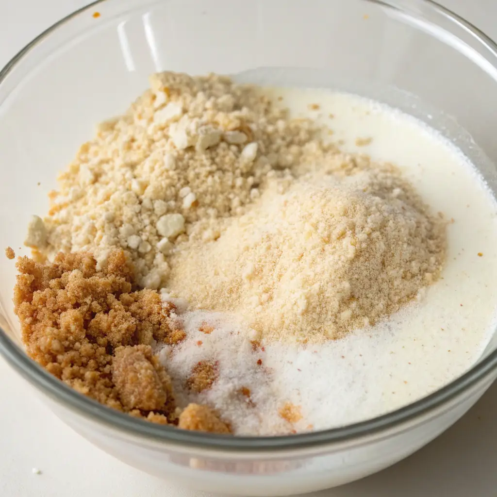 Breadcrumbs, milk, and other ingredients in a bowl.