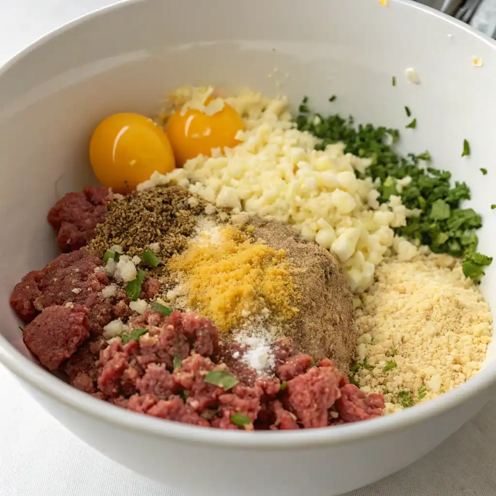 A large bowl containing ground wagyu beef, soaked breadcrumbs, eggs, cheese, garlic, and fresh herbs.
