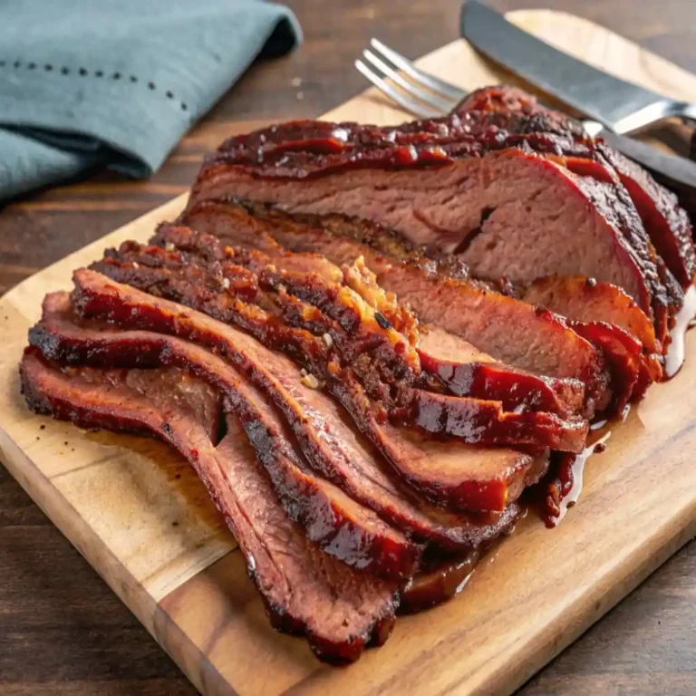 Sliced Beef Brisket with a smoky crust and juicy pink center