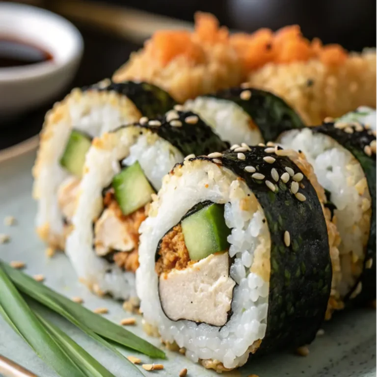 Delicious homemade chicken tempura roll with creamy avocado and crispy chicken.
