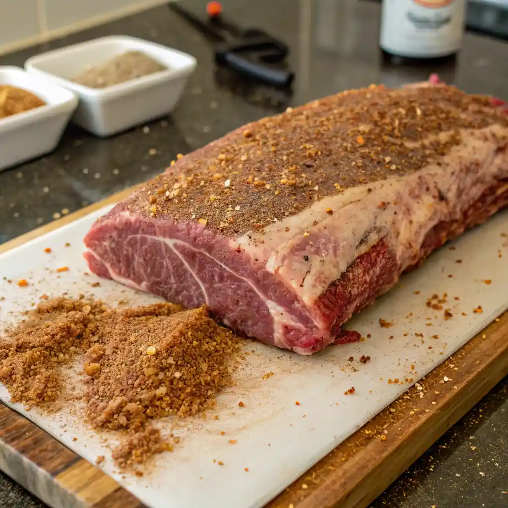 A trimmed brisket generously coated in dry rub on a cutting board, with excess rub beside it, preparing for smoking.