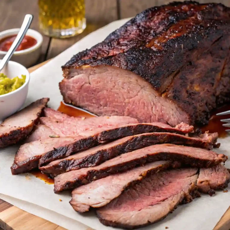 When to Wrap a Brisket: Sliced smoked brisket with a dark crust and pink interior, served with sauces.