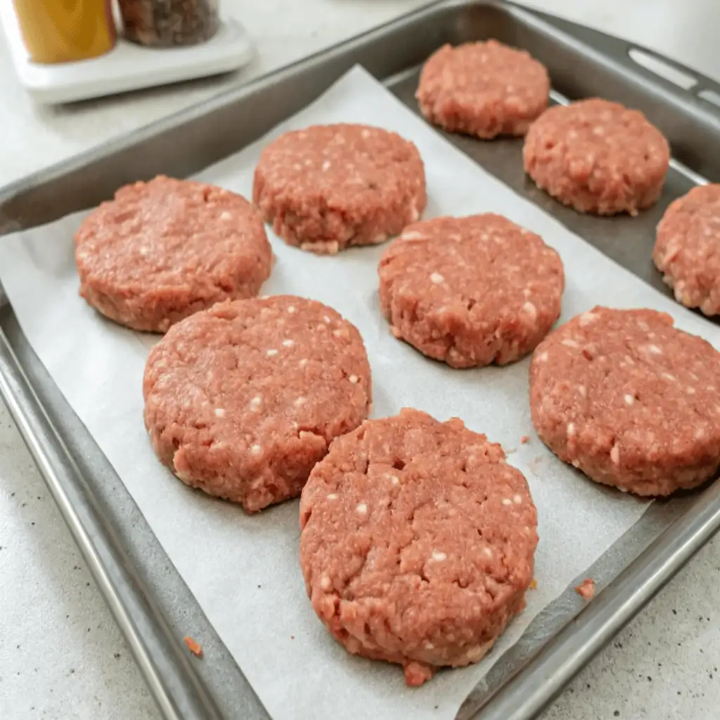 Raw turkey sausage patties formed on a baking sheet in a tray, ready to cook
