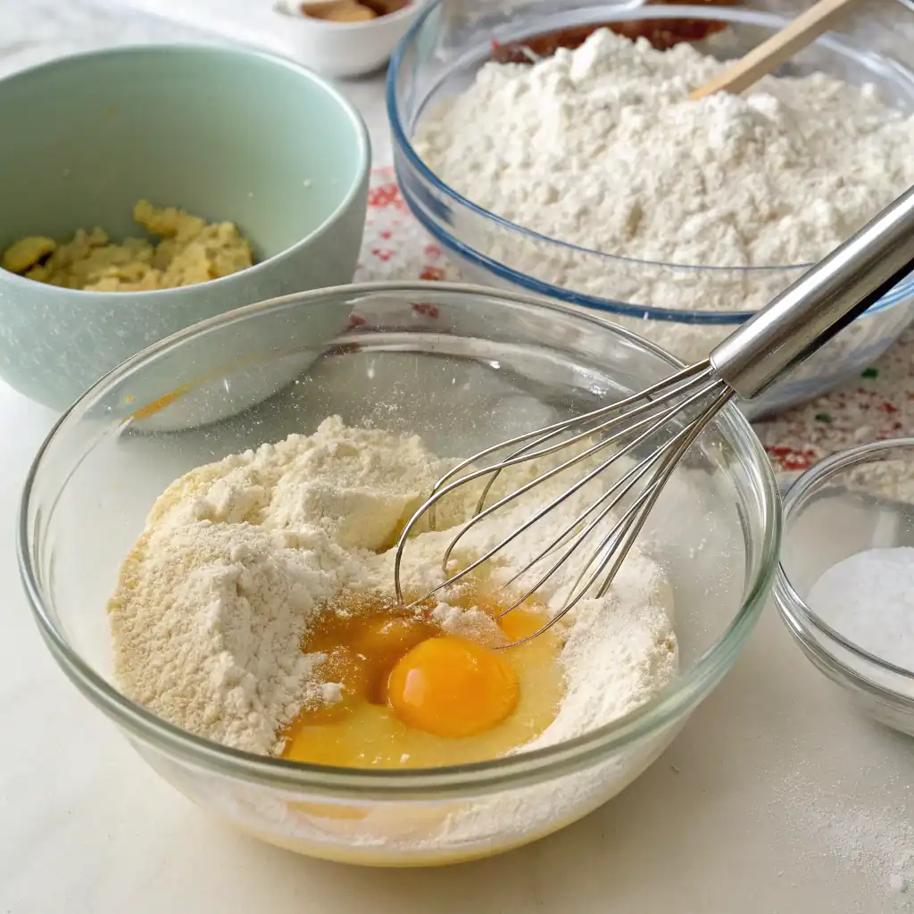 Whisking flour, baking powder, and salt in a bowl, with egg yolk added for tempura batter.