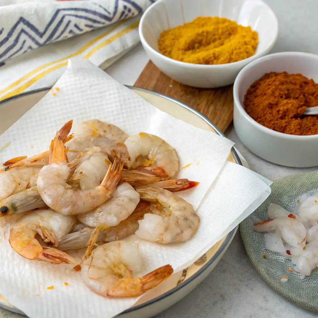 Raw shrimp being patted dry on paper towels, with bowls of turmeric and other spices in the background.