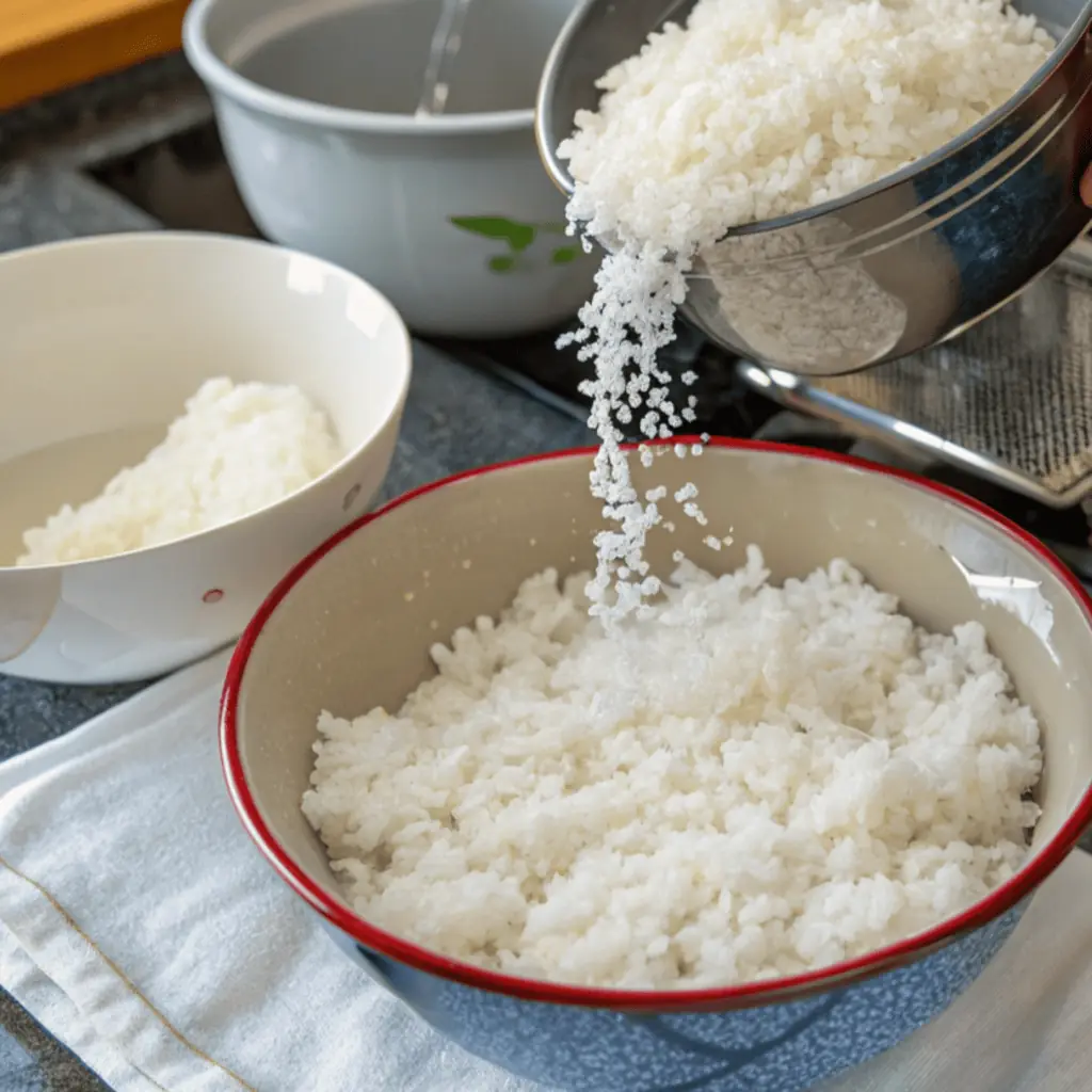 Short-grain sushi rice being rinsed in a bowl until the water runs clear.