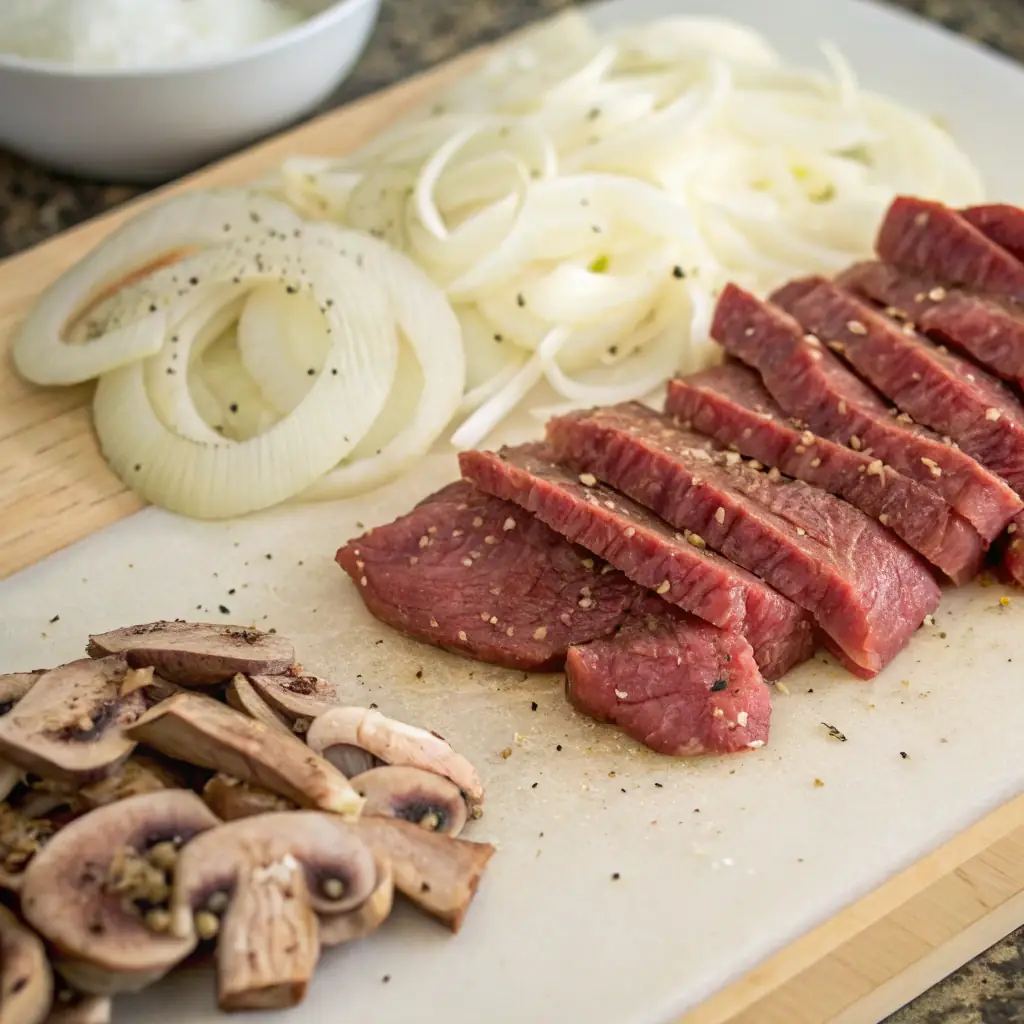 Sliced beef strips, onions, and mushrooms on a cutting board, prepped and seasoned for cooking.