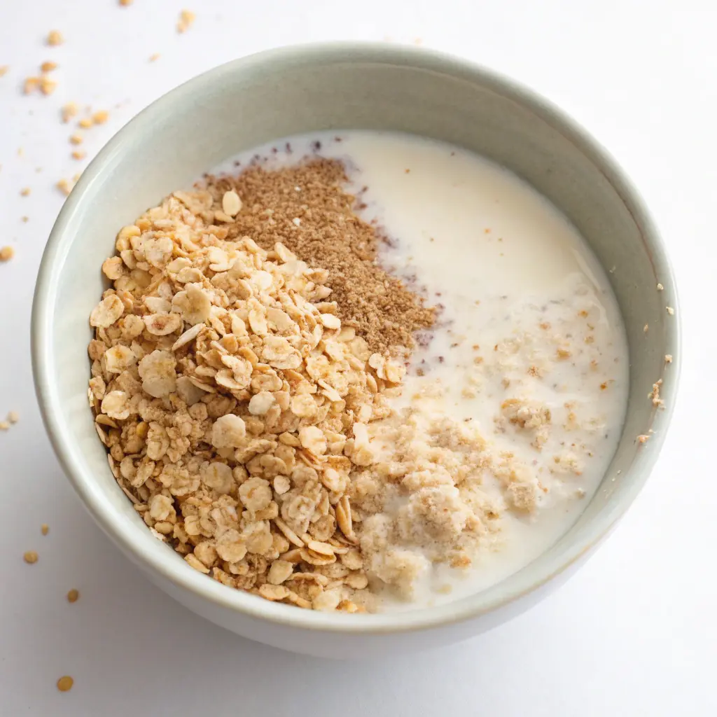 A close-up, top-down view of a light green bowl containing rolled oats and milk, with some oats beginning to absorb the liquid and soften. There are also some ground spices or fine crumbs mixed in. A few scattered oat flakes are visible on the white surface outside the bowl