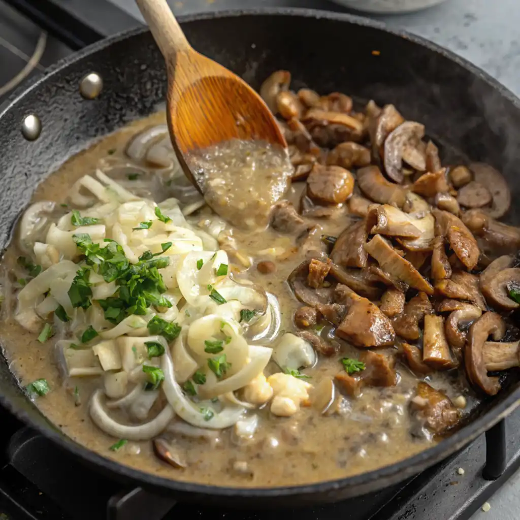A wooden spoon stirring onions, mushrooms, and a simmering sauce in a black skillet on a stovetop.