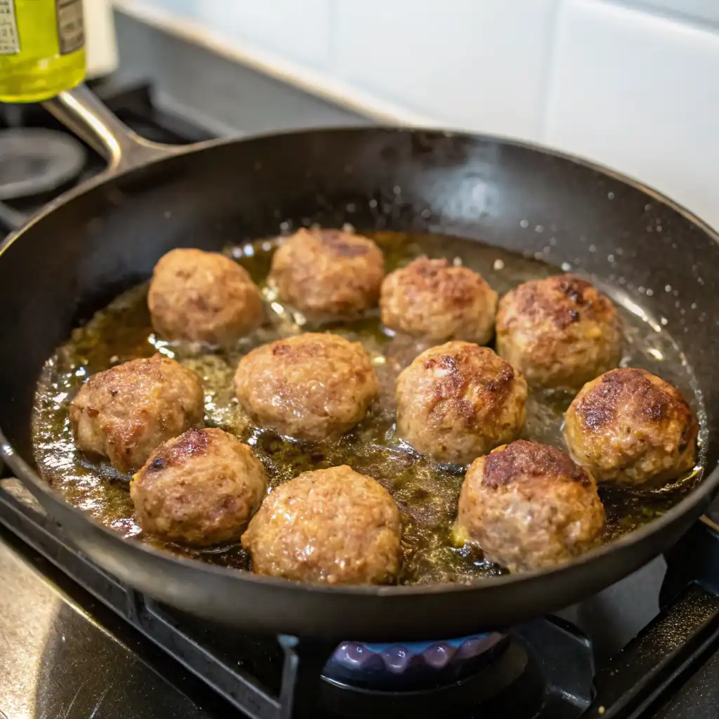 wagyu Meatballs searing in a cast-iron skillet with hot oil on a gas stove.
