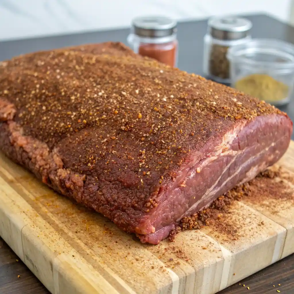 A seasoned beef brisket on a wooden cutting board, with spice shakers in the background.