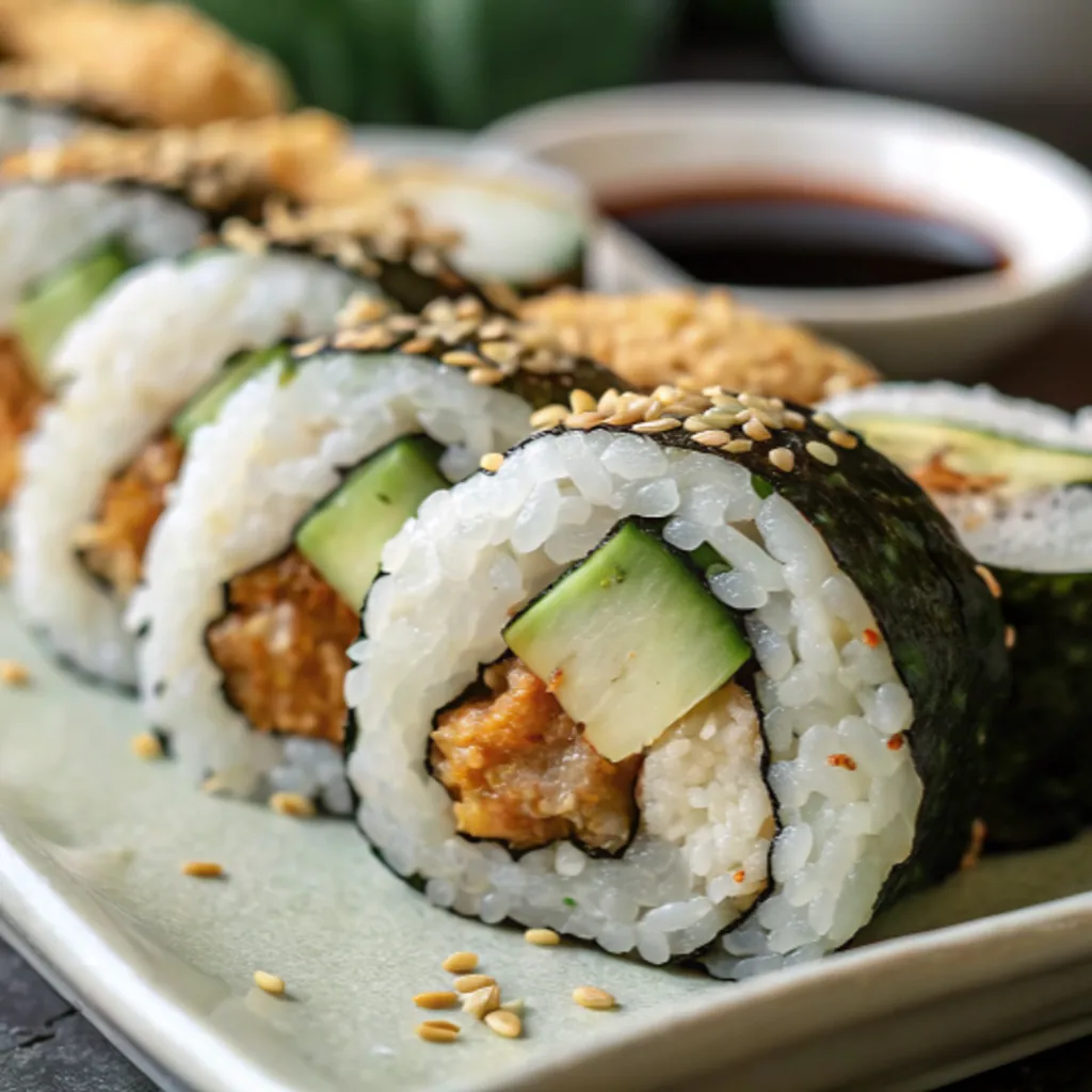 Sliced chicken tempura roll garnished with sesame seeds on a platter with dipping sauce and wasabi.