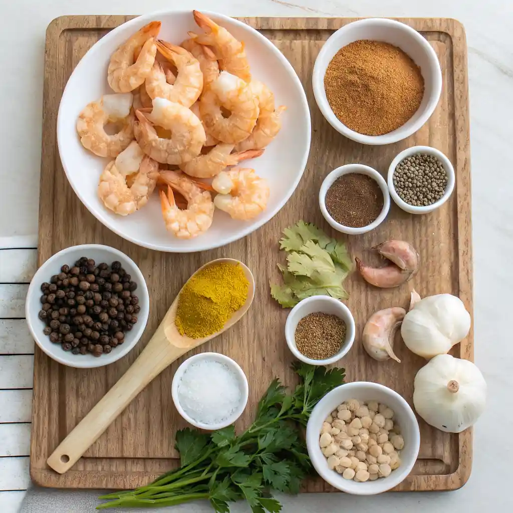 A wooden cutting board laden with ingredients for shrimp vindaloo, including peeled shrimp, spices, garlic, and cilantro.