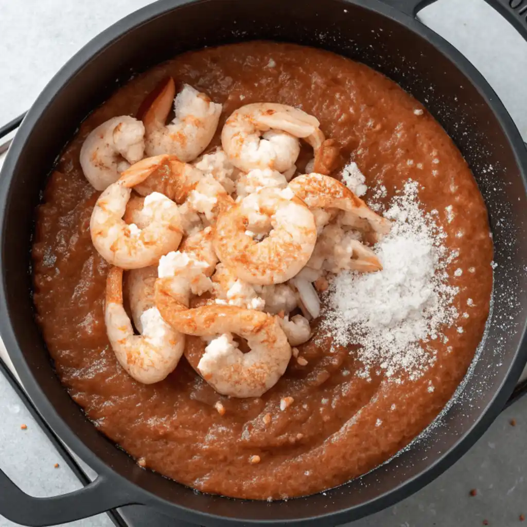 Cooked shrimp and a white powder are added to a simmering reddish-brown sauce in a black pot.