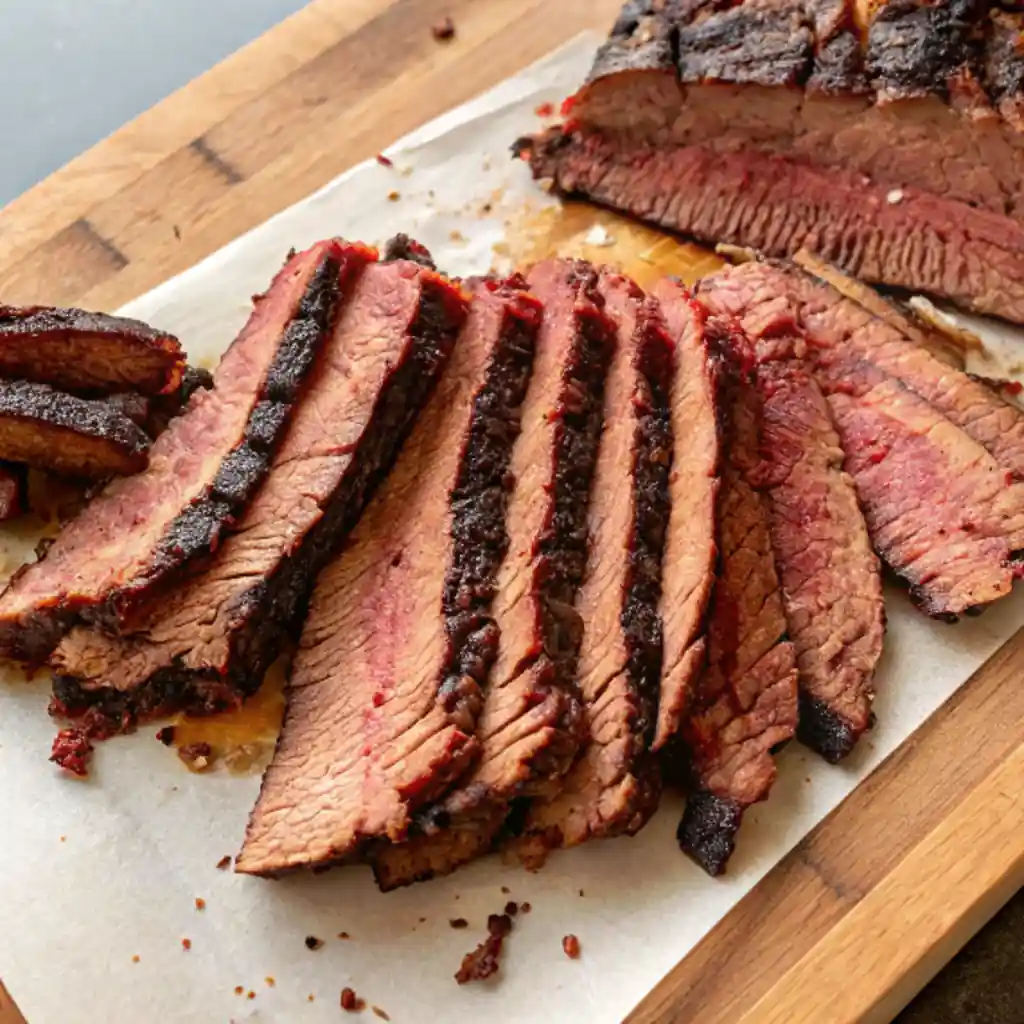 Sliced smoked chopped brisket on parchment paper on a cutting board, ready for chopping.