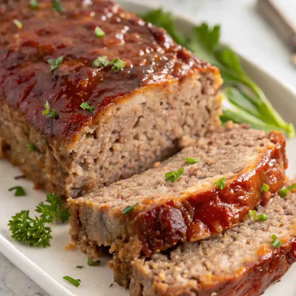 Slices of a moist, glazed Meatloaf Without Breadcrumbs garnished with fresh parsley on a white platter.