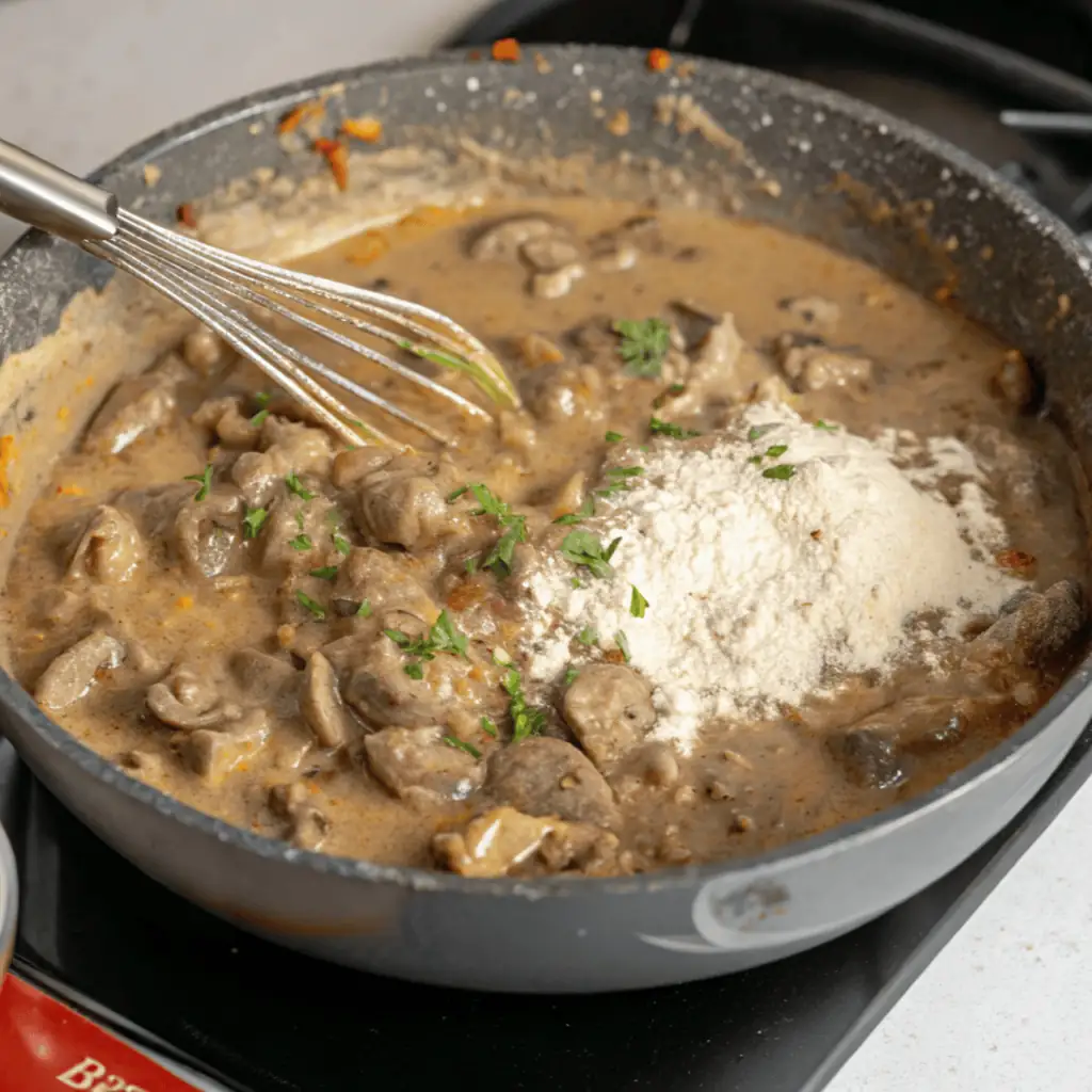 Gluten-free flour being whisked into a skillet with a creamy mushroom and onion mixture for stroganoff sauce.