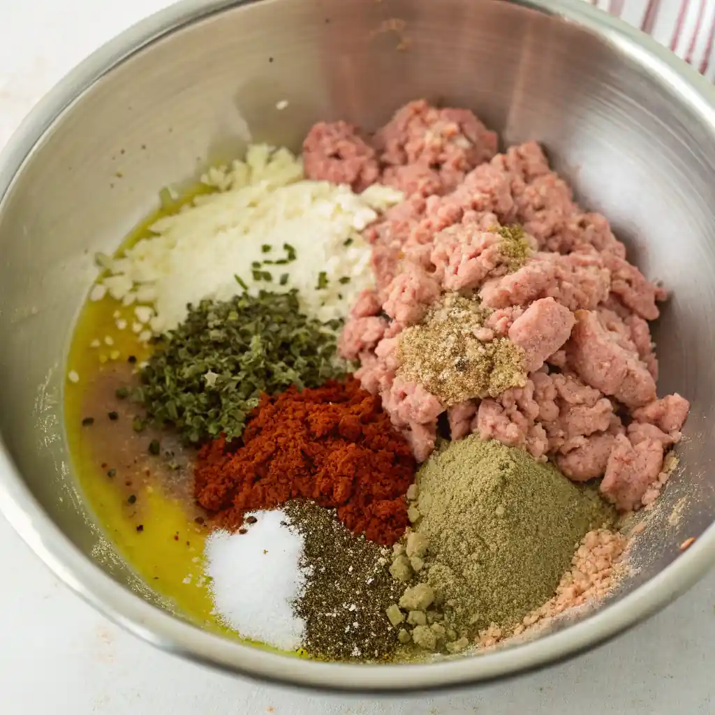 Ground turkey, spices, onions, eggs and oil in a large mixing bowl, ready to blend