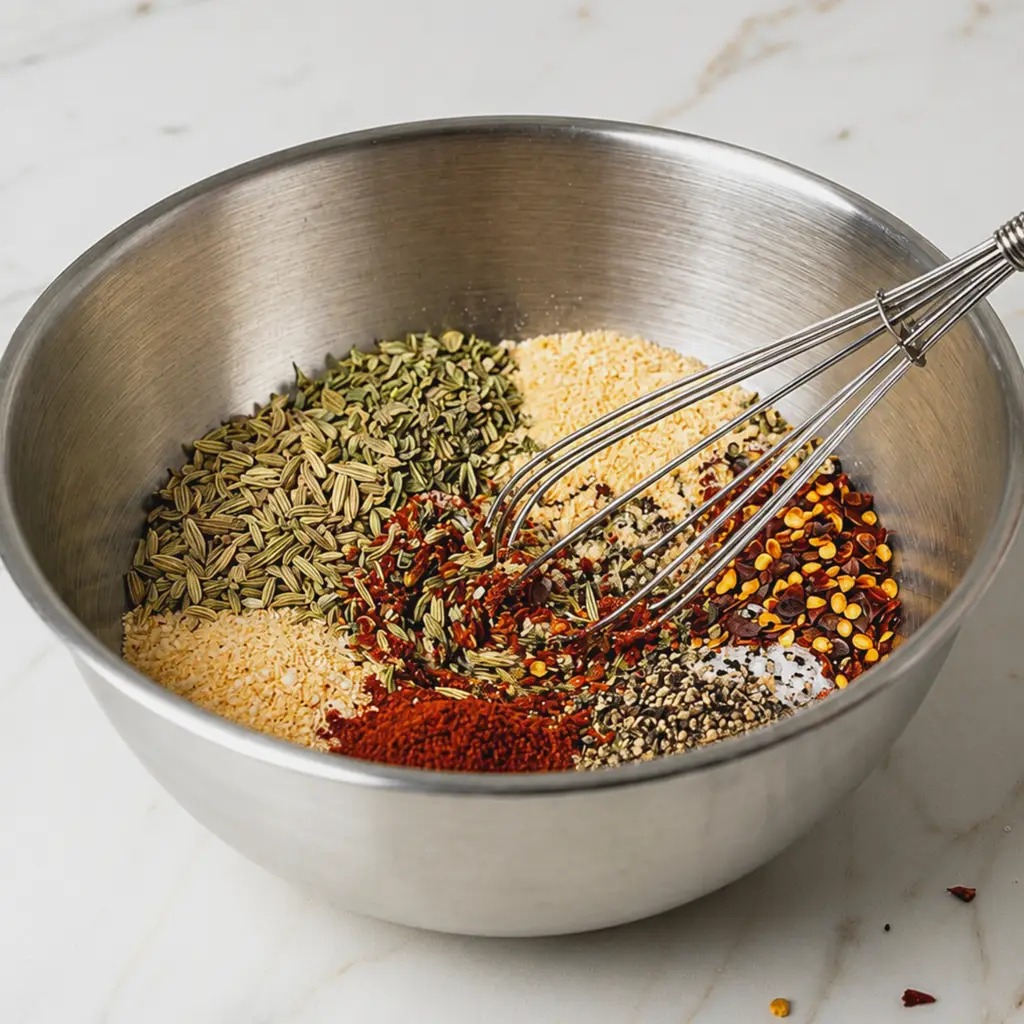 Stainless steel mixing bowl filled with arranged spices, herbs, and seasonings, with a metal whisk resting inside on a marble counter.