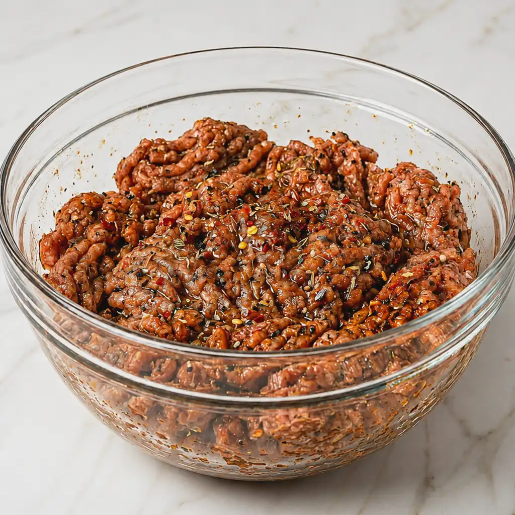 Seasoned ground turkey mixture thoroughly combined with herbs and spices inside a clear glass mixing bowl on a white marble surface.