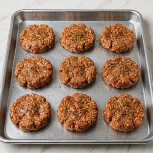 Uncooked, round turkey sausage patties sprinkled with herbs and spices laid out on an aluminum baking pan on marble tabletop.