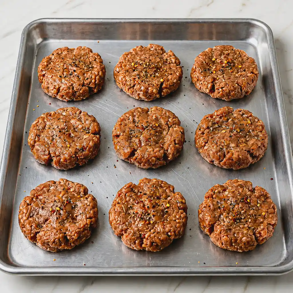 Uncooked, round turkey sausage patties sprinkled with herbs and spices laid out on an aluminum baking pan on marble tabletop.
