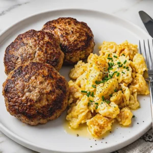 Three cooked, golden-brown Turkey Sausage Patty served on a white plate alongside creamy scrambled eggs garnished with fresh chives and black pepper.