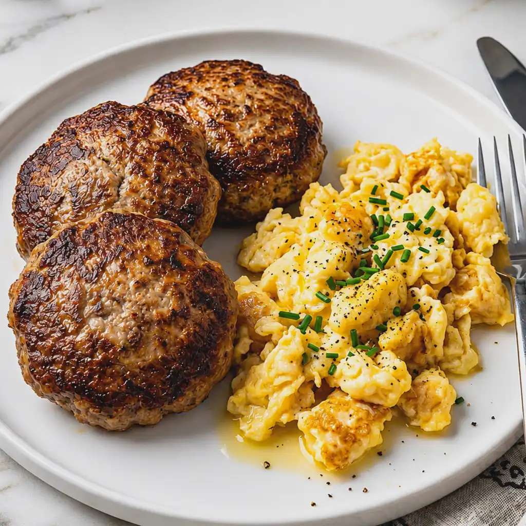 Three cooked, golden-brown Turkey Sausage Patty served on a white plate alongside creamy scrambled eggs garnished with fresh chives and black pepper.