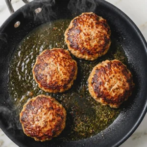 Turkey sausage patty cooked in a black skillet on the stovetop, golden and crispy