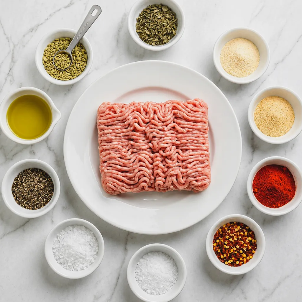 Ingredients for homemade turkey sausage patties Raw ground turkey arranged on a white round plate surrounded by small bowls of herbs, spices, olive oil, and seasonings on marble surface.