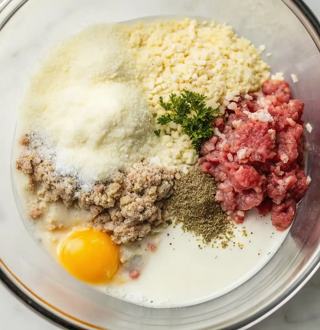 ingredients for Wagyu meatballs gathered in a glass bowl, including ground Wagyu beef, grated cheese Parmesan, fresh breadcrumbs, an egg, milk, seasonings salt and pepper, and a sprig of parsley.