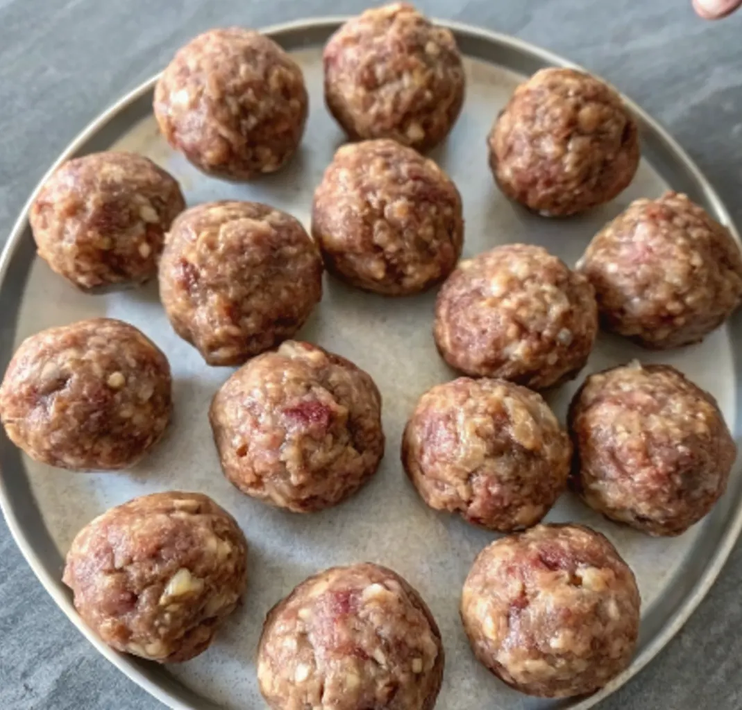 A round plate holds about fifteen raw Wagyu meatballs, perfectly formed and ready for cooking. The pale pink and white marbling of the high-quality beef and binding ingredients is visible.