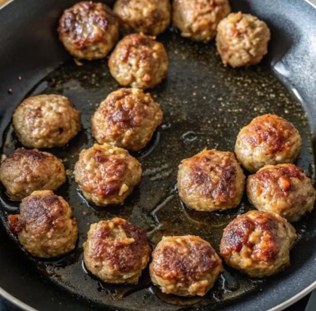 A close-up view of Wagyu meatballs being browned in a black nonstick skillet with a small amount of oil. The meatballs have developed a rich golden-brown crust and look perfectly seared.