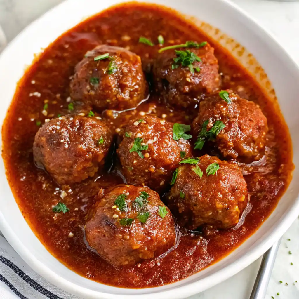 Six plump, rich Wagyu meatballs are served in a deep, hearty tomato sauce inside a white bowl. They are garnished with chopped fresh parsley and a light dusting of grated cheese.