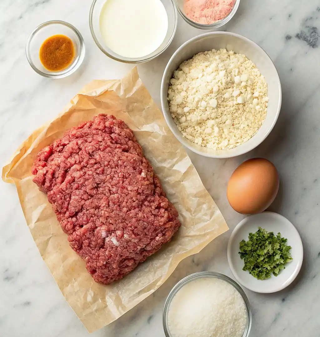 ingredients for Wagyu meatballs gathered, including ground Wagyu beef, grated cheese Parmesan, fresh breadcrumbs, an egg, milk, seasonings salt and pepper, and a sprig of parsley.