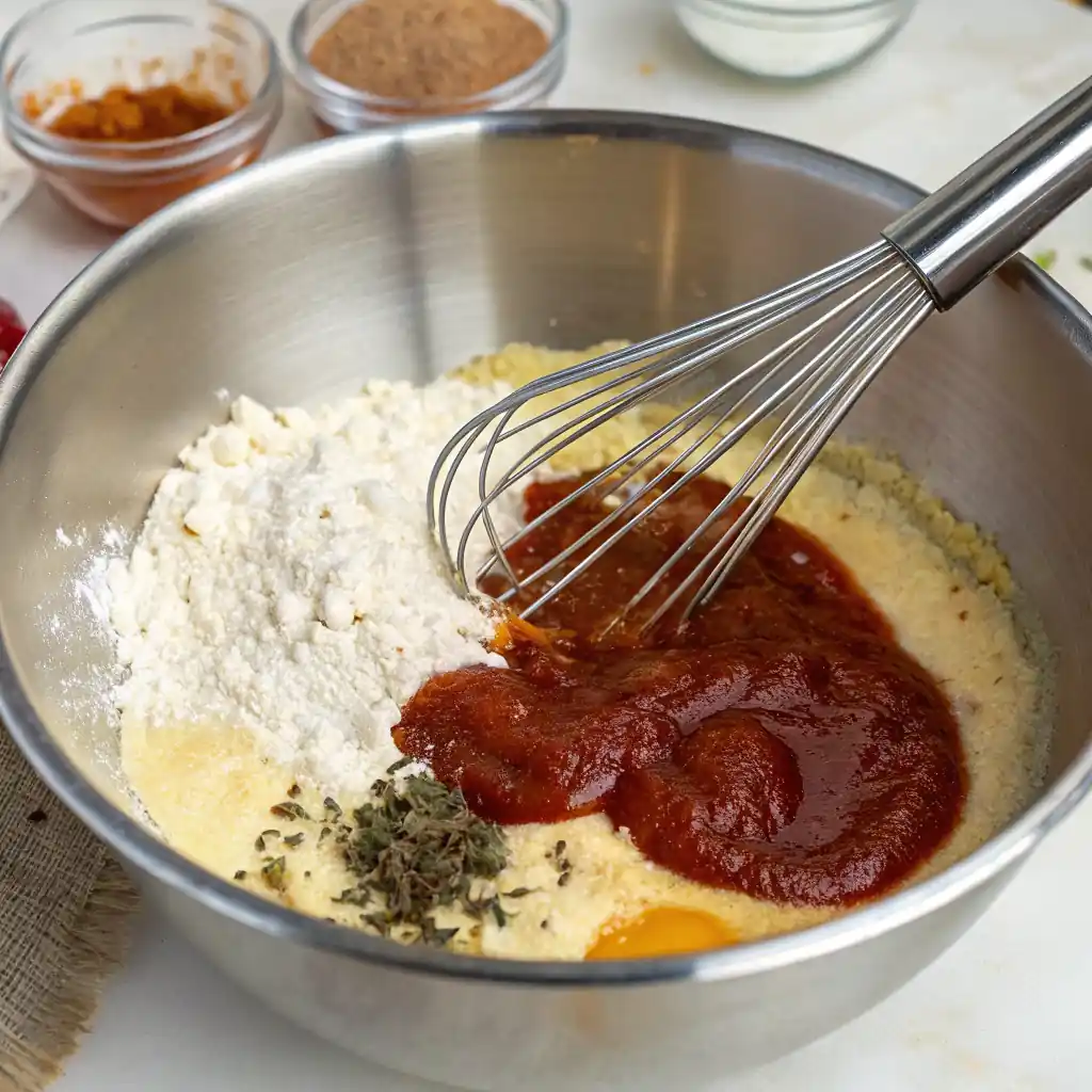 Whisking egg, tomato paste, Worcestershire sauce, and oat-milk mixture in a large bowl for meatloaf.