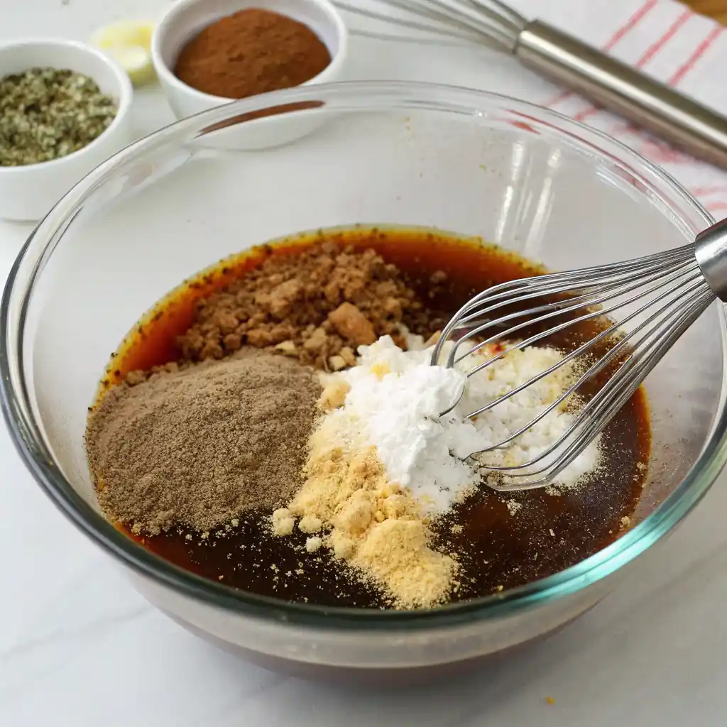 Ingredients for Brisket injection whisking together vinegar, Worcestershire sauce, beef broth, and various spices in a clear glass bowl.