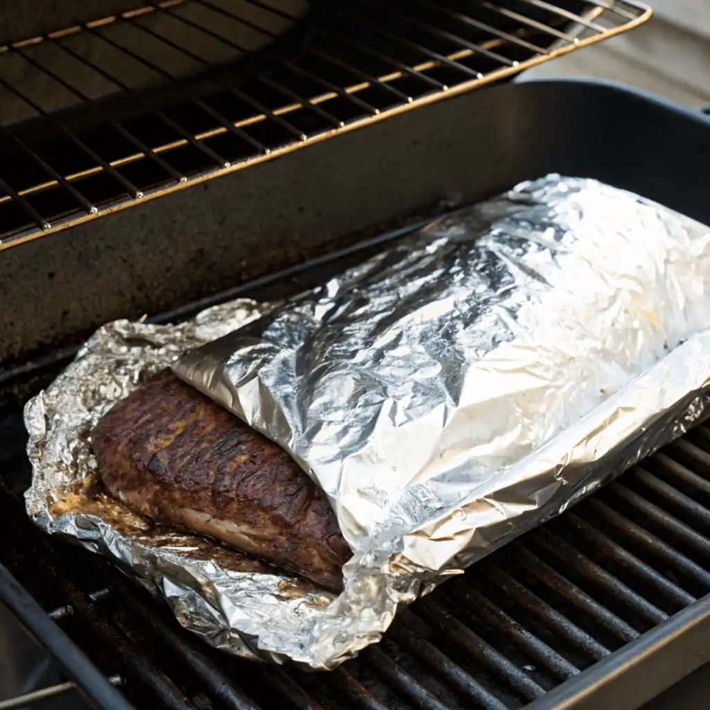 A brisket partially wrapped in foil on a grill grate.