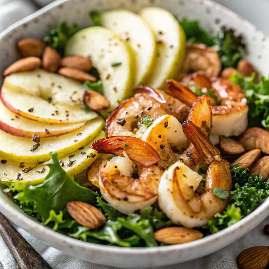 A close-up view of a bowl of apple almond shrimp salad, featuring sautéed shrimp, thin apple slices (red and green), whole almonds, and fresh curly green lettuce.