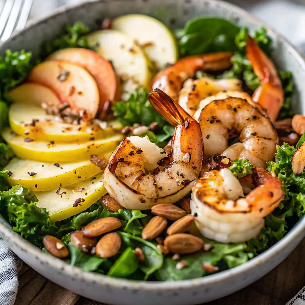 A close-up view of a bowl of apple almond shrimp salad, featuring sautéed shrimp, thin apple slices (red and green), whole almonds, and fresh curly green lettuce.