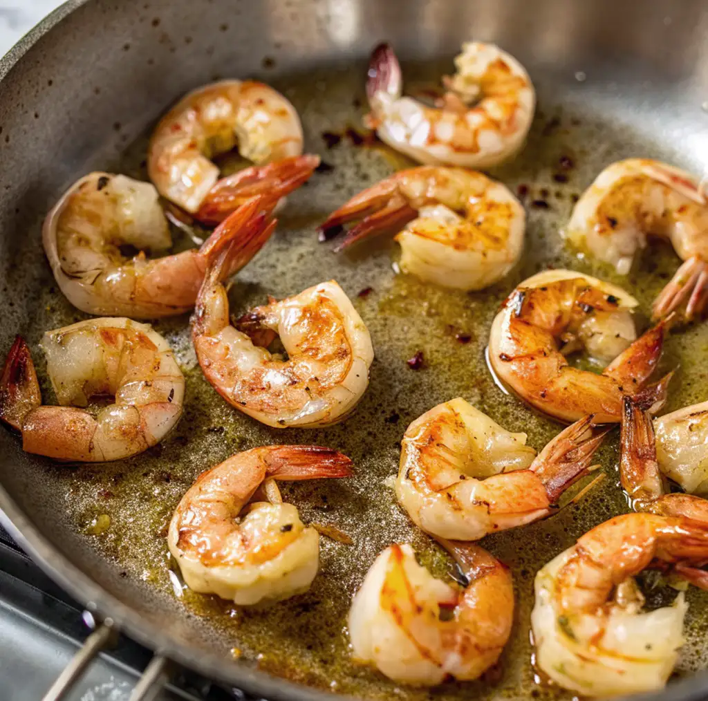 Close-up image of peeled shrimp being sautéed in a skillet with oil and seasonings. The shrimp are turning pink and slightly golden brown, indicating they are almost fully cooked.