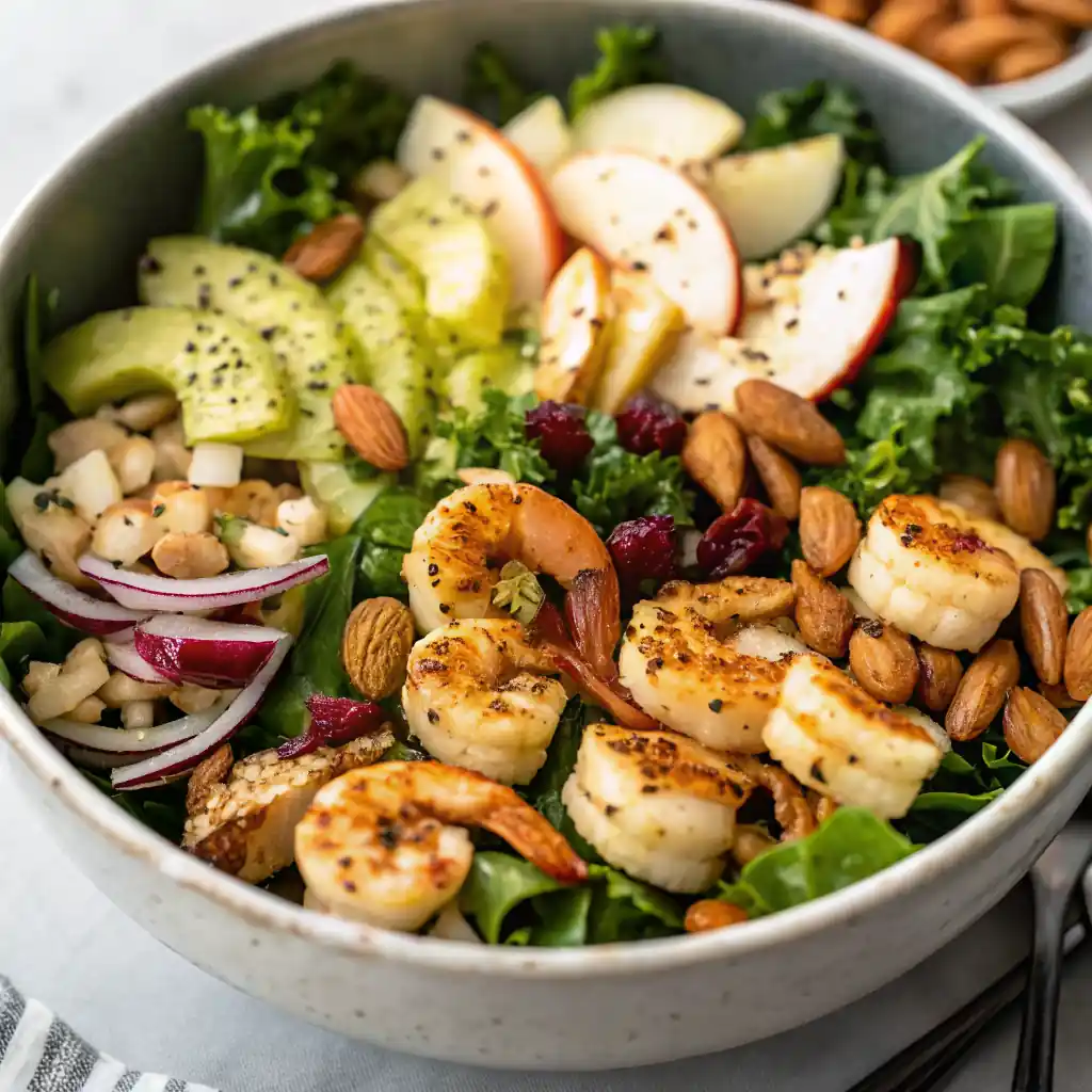 Apple almond shrimp salad in a bowl with grilled shrimp, apple slices, almonds, kale, cucumber, white beans, red onion, and dried cranberries.