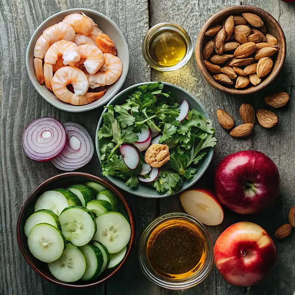 ingredients for apple almond shrimp salad, including cooked shrimp, whole almonds, sliced red onion, sliced cucumber, fresh greens with radish, sliced red apples, olive oil, and dressing.