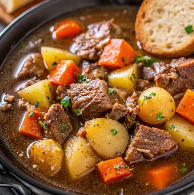 A rich bowl of delicious beef stew or Crockpot steak and potatoes, containing tender pieces of dark meat, carrots, and potatoes in a delicious brown gravy, garnished with parsley and served with a slice of bread.