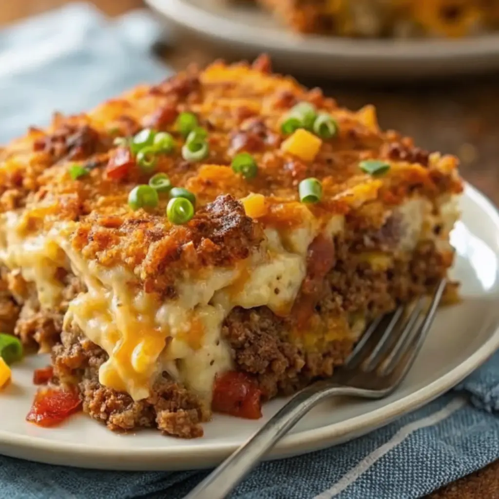 Homemade Mac and Cheese Meatloaf Casserole close-up with beef, pasta, and cheese