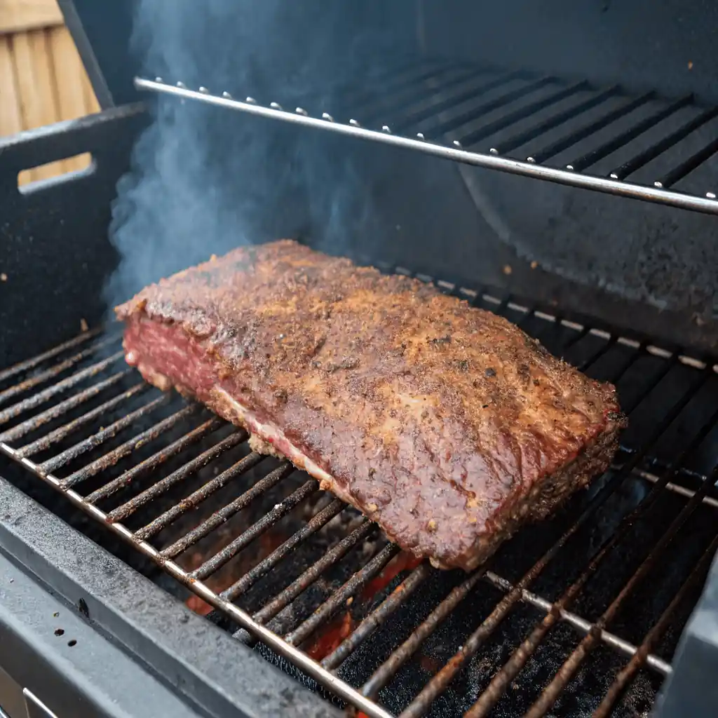 A large brisket smoking on a grill grate, with smoke rising.