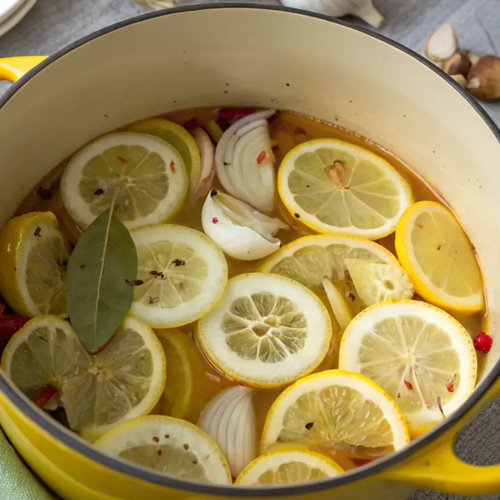 A yellow stockpot filled with boiling water, lemon halves, onion, bay leaves, and spices for a seafood boil's aromatic base.